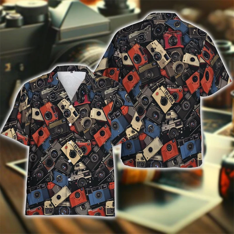 Vintage Camera Graphic Beach Shirts Hip Hop Photographer Shirt For Men Clothes Photos Male Lapel Blouse Women Button Clothing