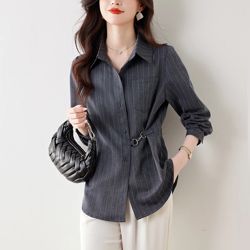 Camicetta da donna a righe manica lunga vestibilità ampia camicia stile francese con cravatta in vita top da donna streetwear moda