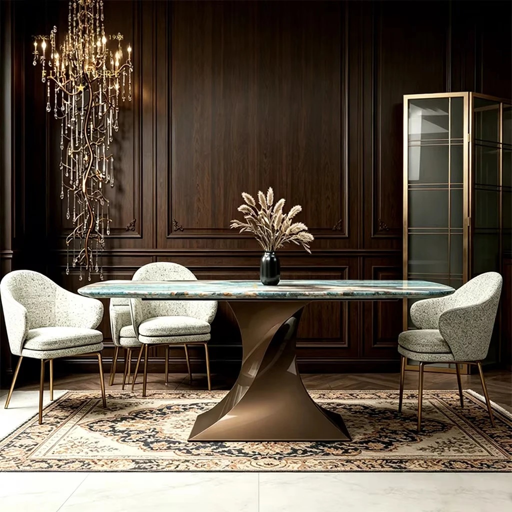 Custom Luxury Marble Top Round Rectangular Dining Table Twisted Metal Base Home Restaurant Furniture Customized Color Size