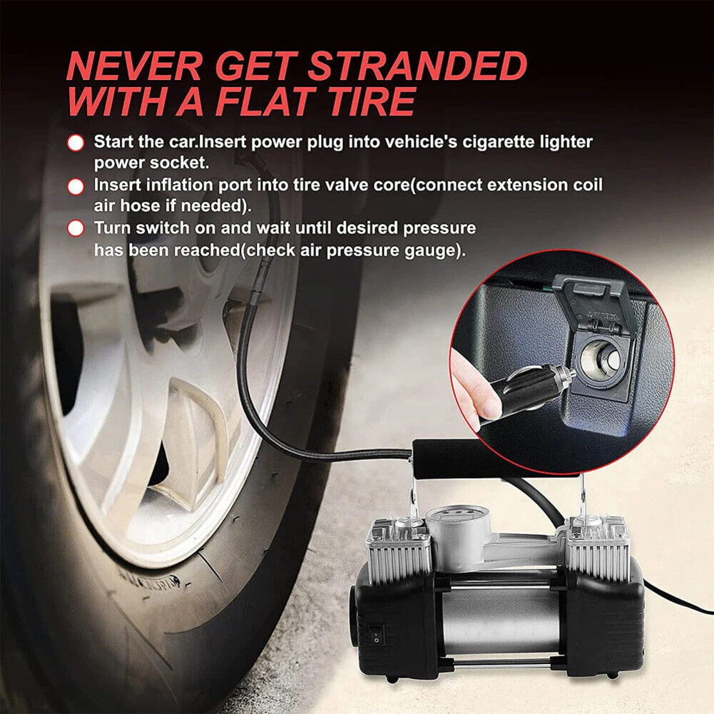 12V Portable Dual Cylinder Air Pump Heavy Duty Car Truck Air Compressor Dual Cylinder Tire Inflator Electric Car Tyre Inflator