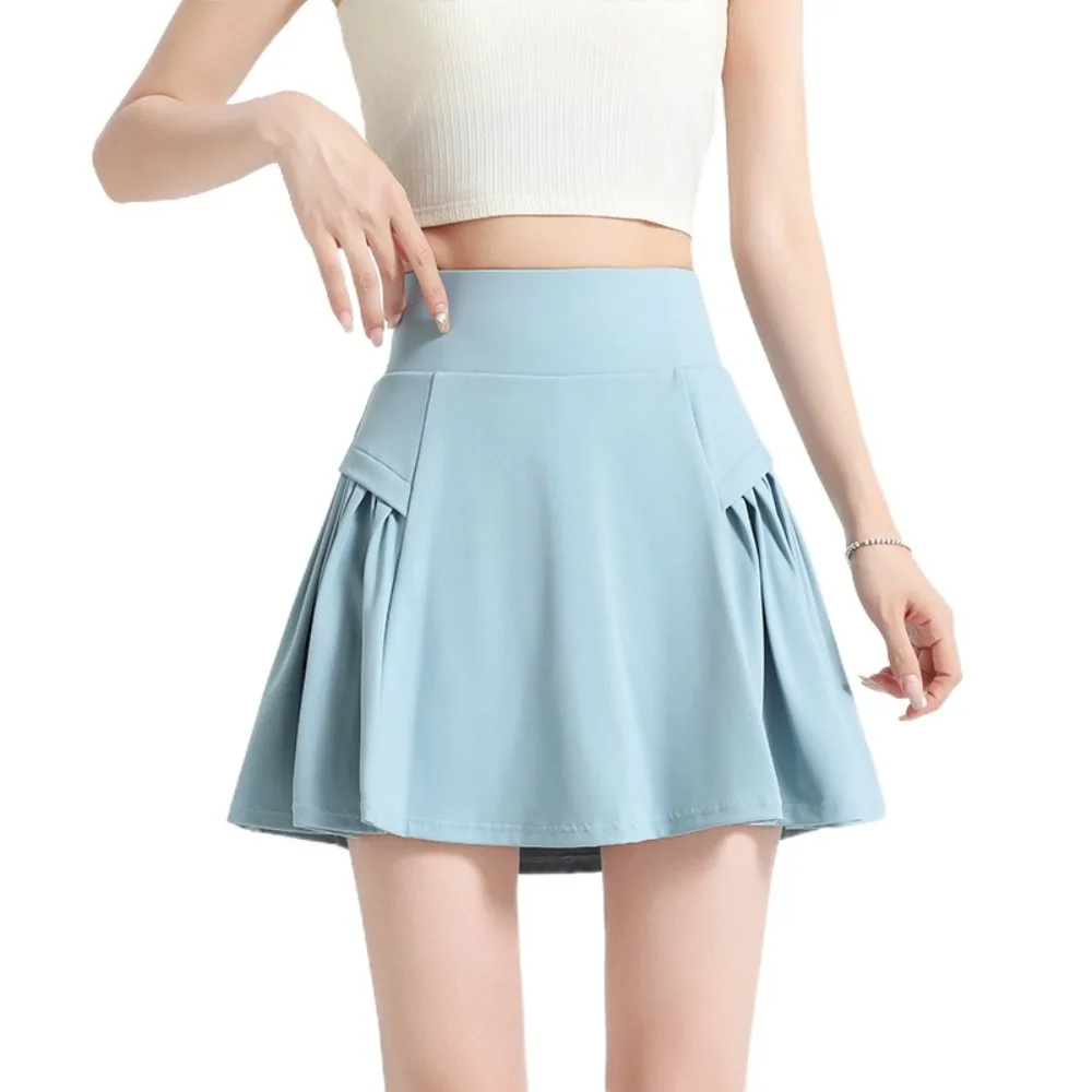 

Breathable High Waist Pleated Skirt Anti-glare Fake Two Pieces Sports Pants Skirt Fitness Clothes Solid Color Tennis Short Skirt