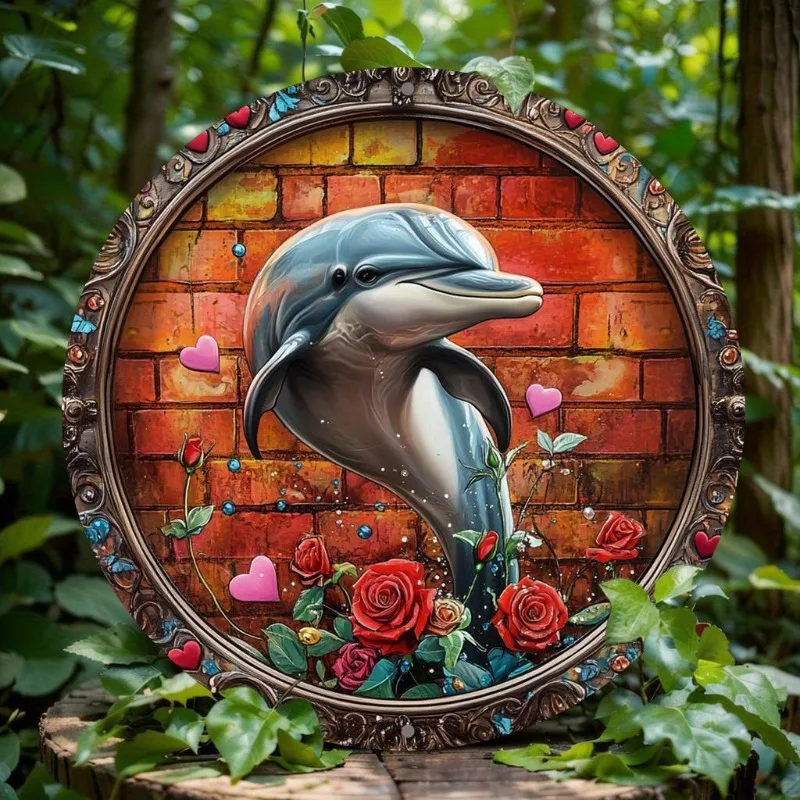 

Dolphin Themed Round Aluminum Wall Art, 2D Flat Print Decorative Sign for Home, Office, Bar, Party Decor, Valentine'S Day Gift