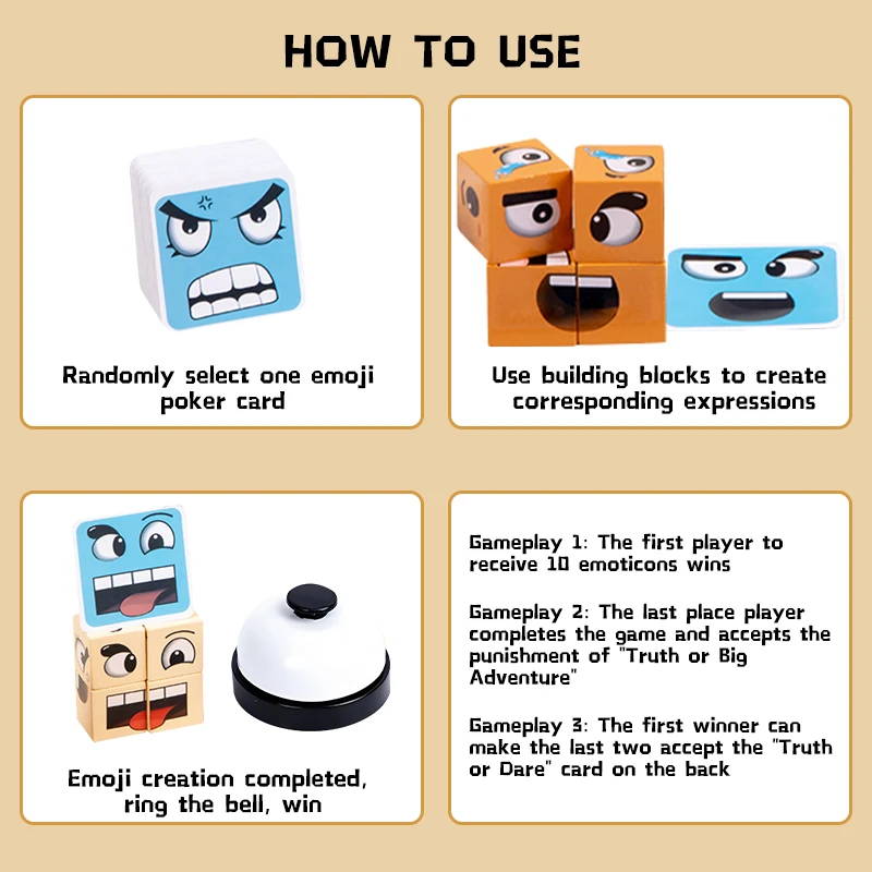 종소리가 나는 나무로 만든 표정 변화 마술 큐브 게임, 표정 퍼즐 블록 게임