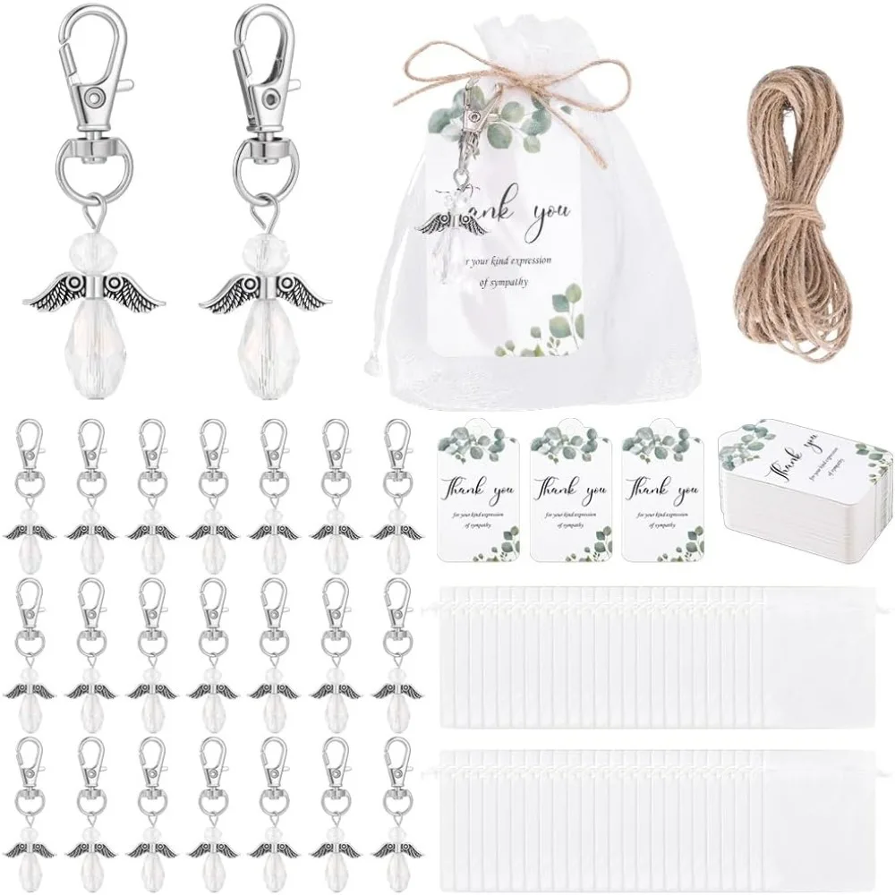 75 Sets Funeral Favor Angel Keychain Celebration of Life Favors Angel Key Ring with Organza Gift Bags Baptism Favor