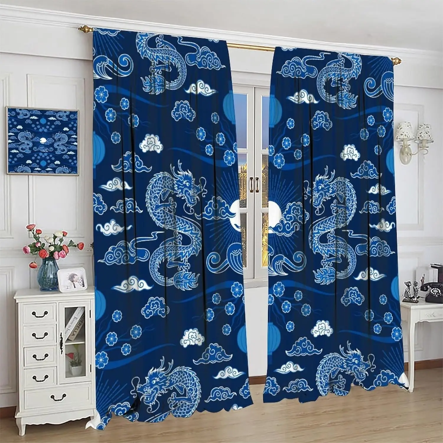 

Детские шторы с синим драконом, японское традиционное пропитанное облако, экзотический китайский стержень, карманный декор, украшения для окон для мальчиков и девочек