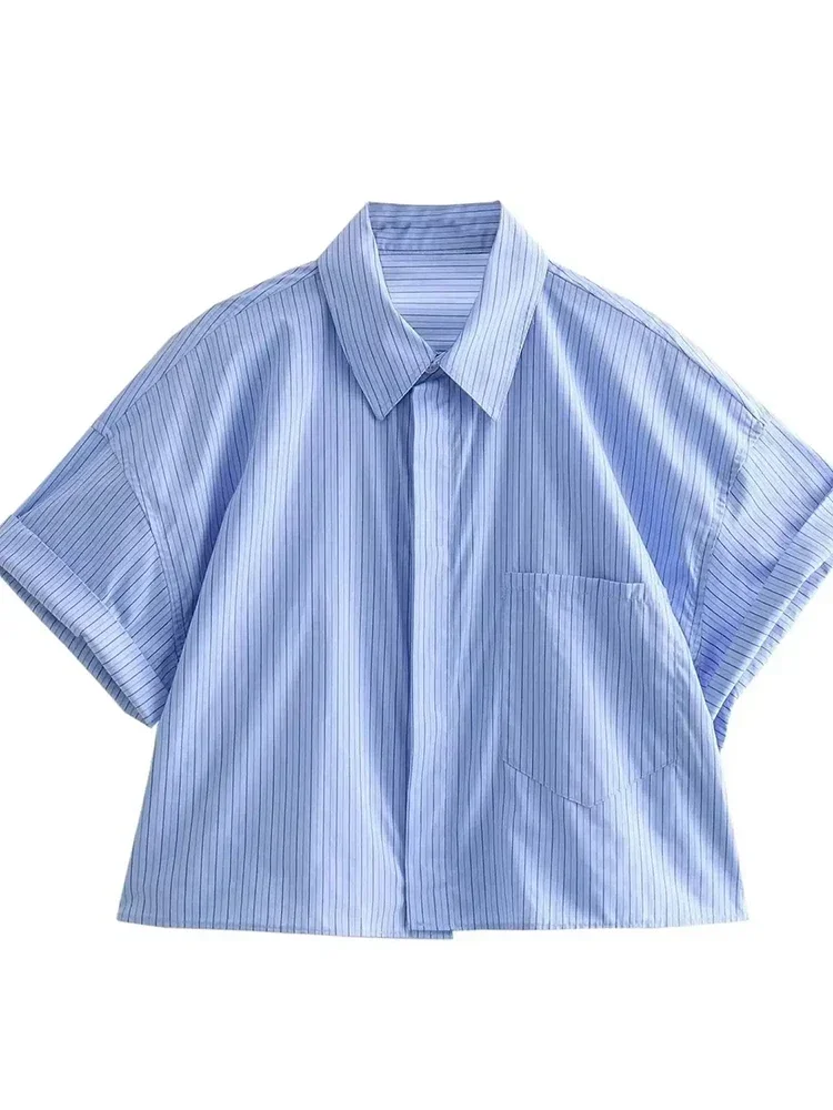 

Retro Women's Fashion Crop Poplin Shirt with Casual Lapel Short Sleeves Front Pocket Button Korean Versatile Stripes Female Top