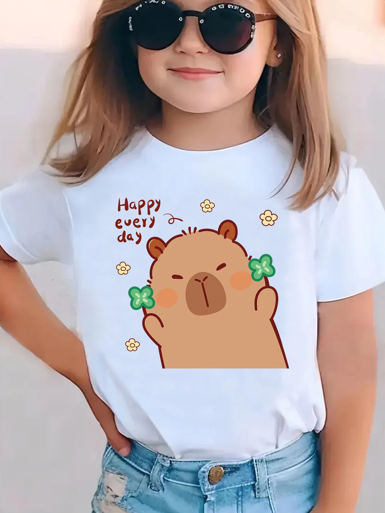 Lovely Capybara Happy Every Day Floral Print Tee Boys Girls Parent Child Matching Cotton Short Sleeve Gentle Summer Casual Tops