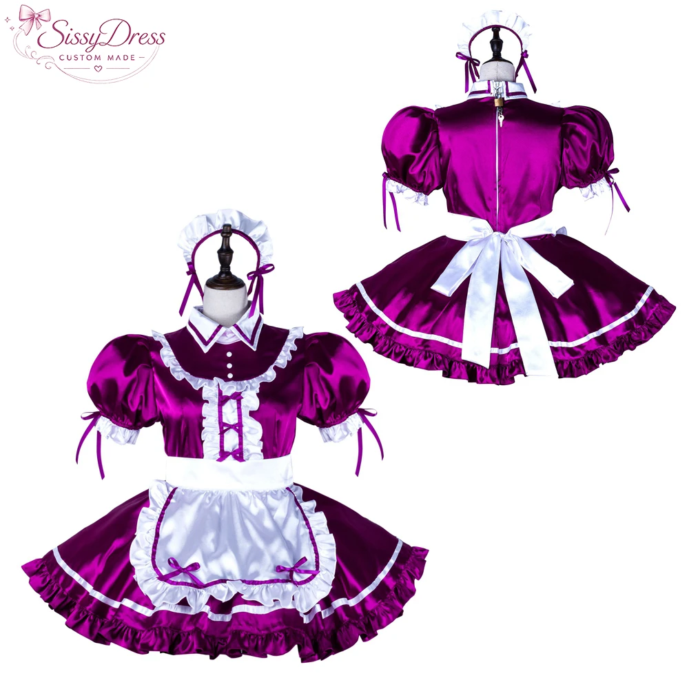 

sissy dress sexy crossdressing sissy maid Purple satin dress lockable Uniform white apron costume[G2251]