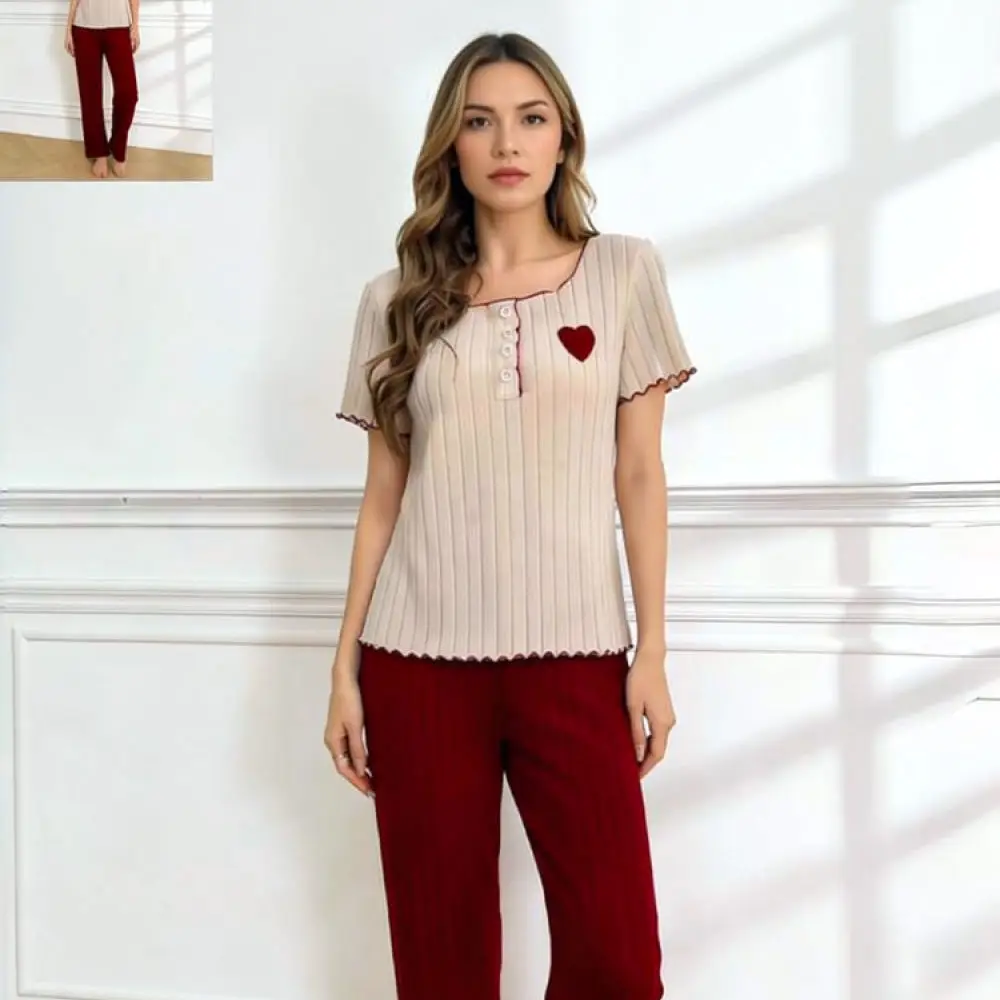 Casual Ladies Loungewear Set Brushed Ribbed Heart Print Round Neck Top Long Pants Comfortable Sleepwear For Litya Clothing