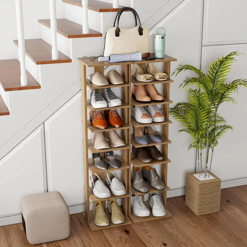 7 Tier Wooden Shoe Cabinet, Slim Entryway Shoe Storage For Small Foyer, Large Capacity Vertical Organizer For Hallway Mudroom Apartment, Natural Finish