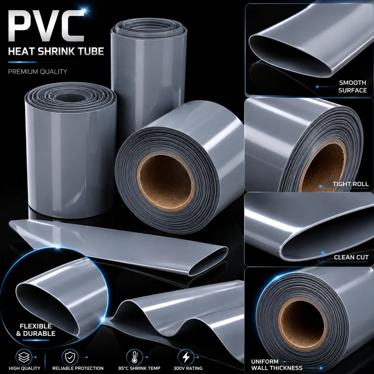 10/5/2M Gray PVC Heat Shrink Sleeve Wide  Size 30-300mm Easy to shrink wear-resistant corrosion-resistant heat shrinkable sleeve