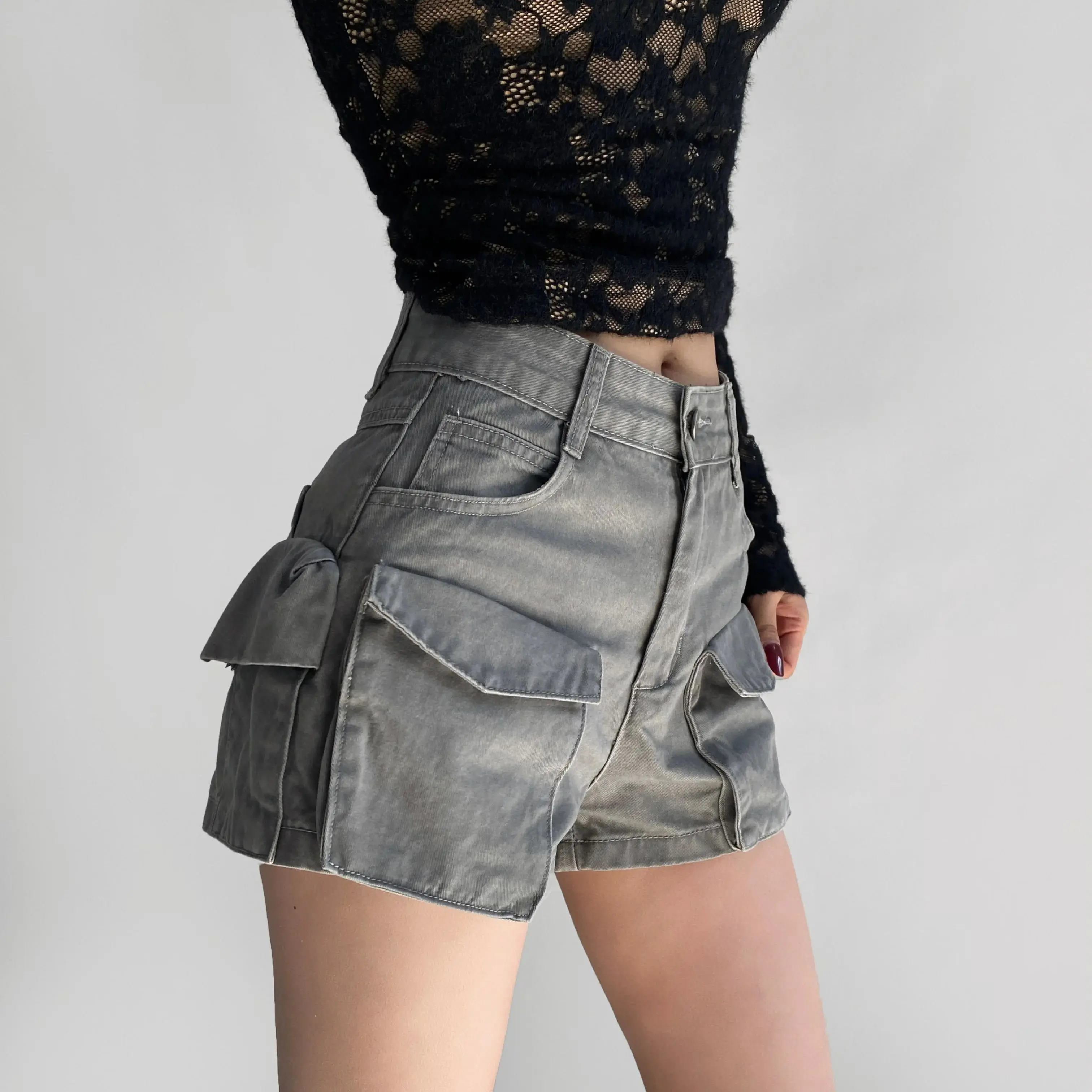 4 Colors Spring Autumn Cargo High Waist Denim Shorts Skirts for Women Pockets Safari Short Trousers Casual Street Bottom Khaki