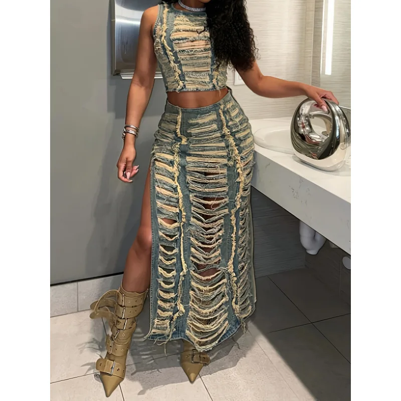 

Denim Vest Skirt Set Women's Fashion Summer Outfit Casual Style Blue Denim Vest And Skirt Combo for Ladies