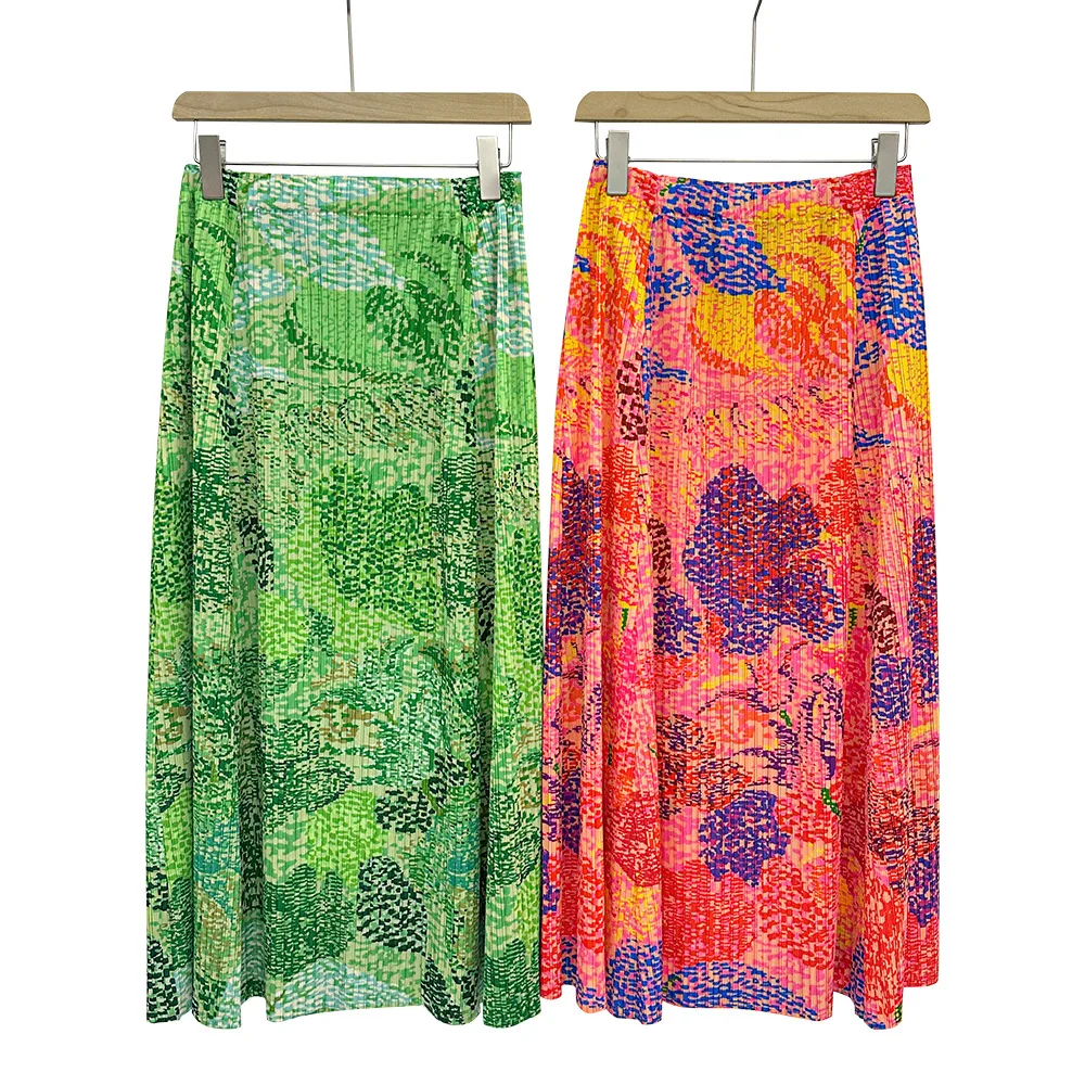 Niche Artistic Printed Pleated Skirt Dopamine Bright Color High Waist Slimming Atmosphere Holiday Mid-length Skirt