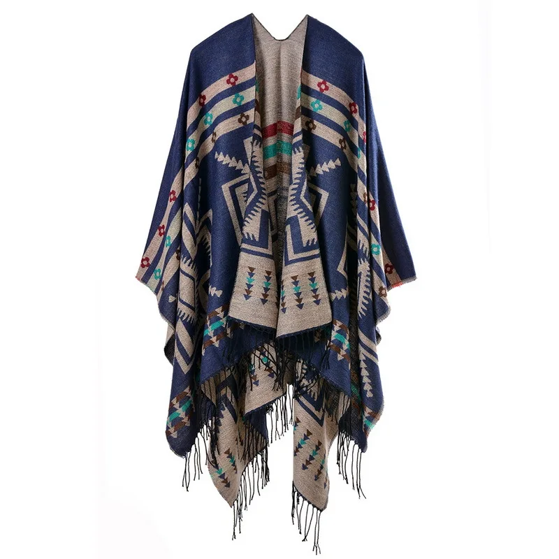 European American Popular Tassel Thickened Cashmere Like National Style Travel Fork Shawl Scarf in autumn Ponchos Capes