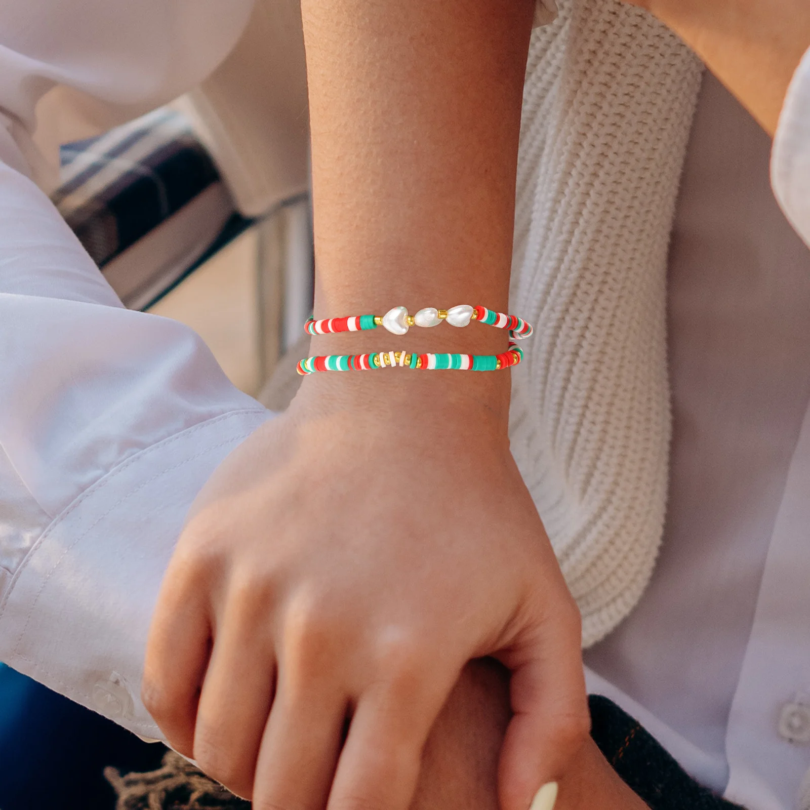 

3Pcs Colorful Bead Bracelets for Women Christmas Wrist Jewelry Decor Aesthetic Gift for Girls Holiday Charm Bangle Set