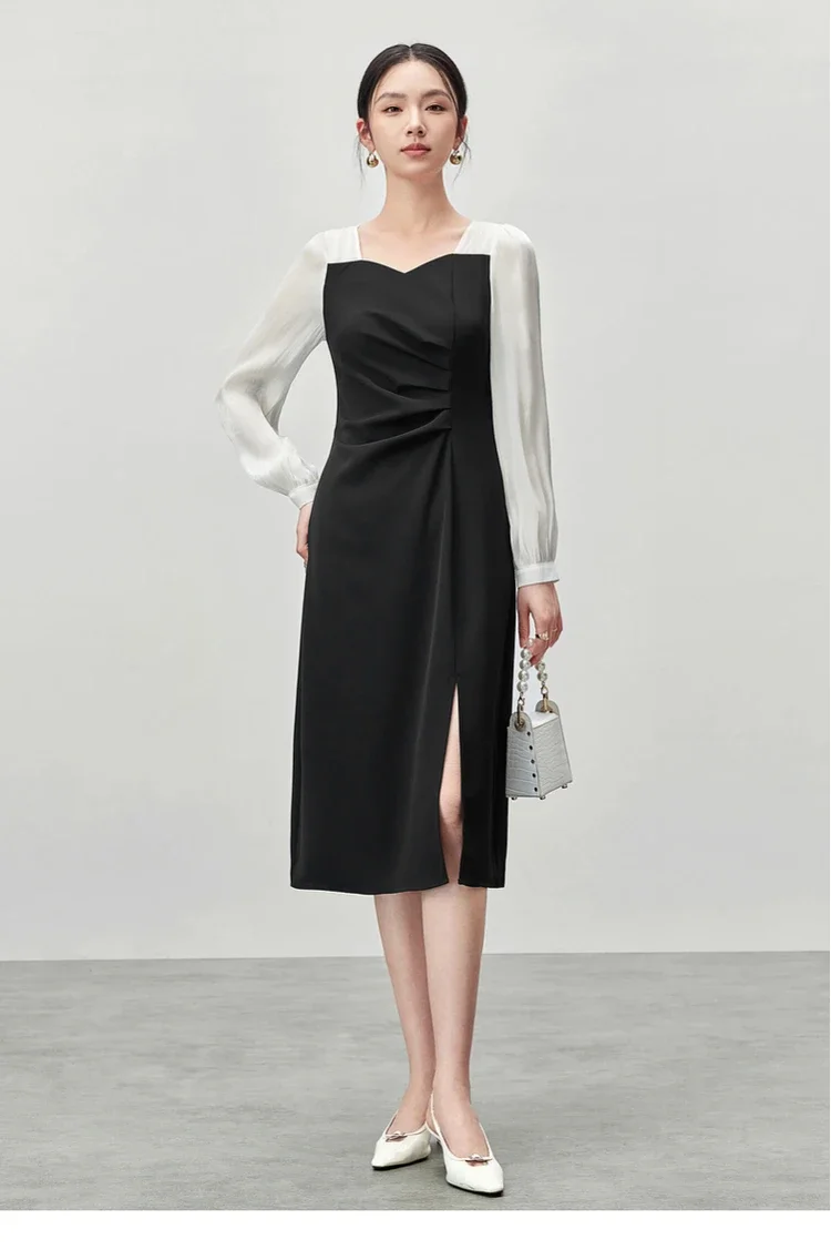 

SENTUBILA Patchwork Contrast Autumn Dresses For Women 2025 Fall Draped Fitted Split Elegant Dress Female Clothing 143L55819