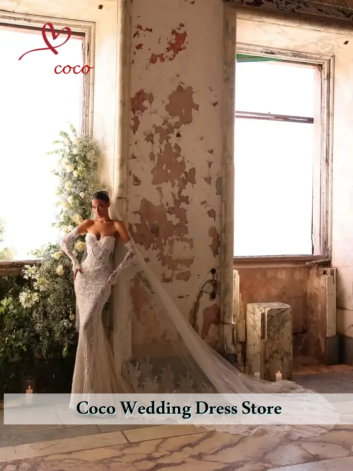 

Customized Elegan Lace Pleated Mermaid Beaded Wedding Dress for Women Backless Long Sleeve Wedding Bridal Gown