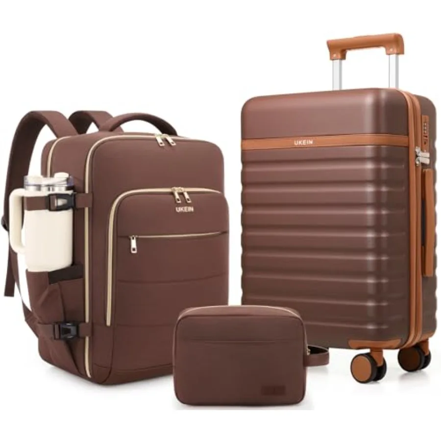 

3 Piece Carry On Luggage Set with Spinner Wheels PC Hardside Suitcase Set in Dark Coffee with TSA Lock Durable Travel Backpack