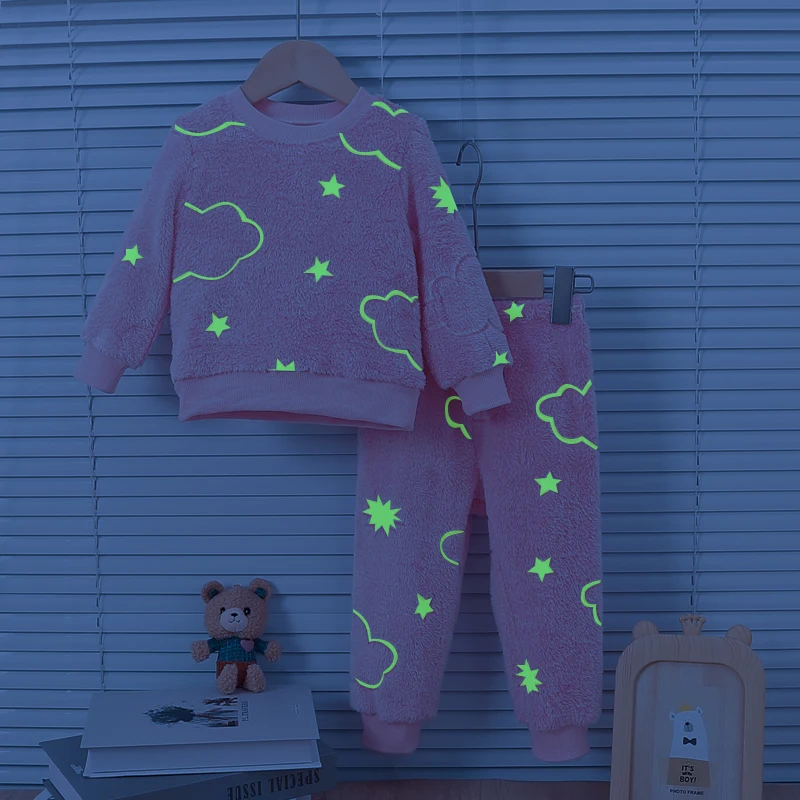 Baby Girl Pink Autumn/Winter Plush Night Fluorescent Home Fur Baby Warm Pajama Set Sweet Chid Accessories