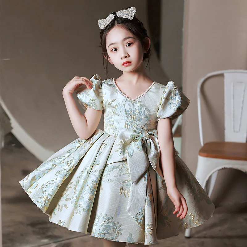 

Kids Princess Prom Dress Bow Beaded Design One Year Baby Christening Vestidos Christmas Easter Birthday Party Host Evening Dress