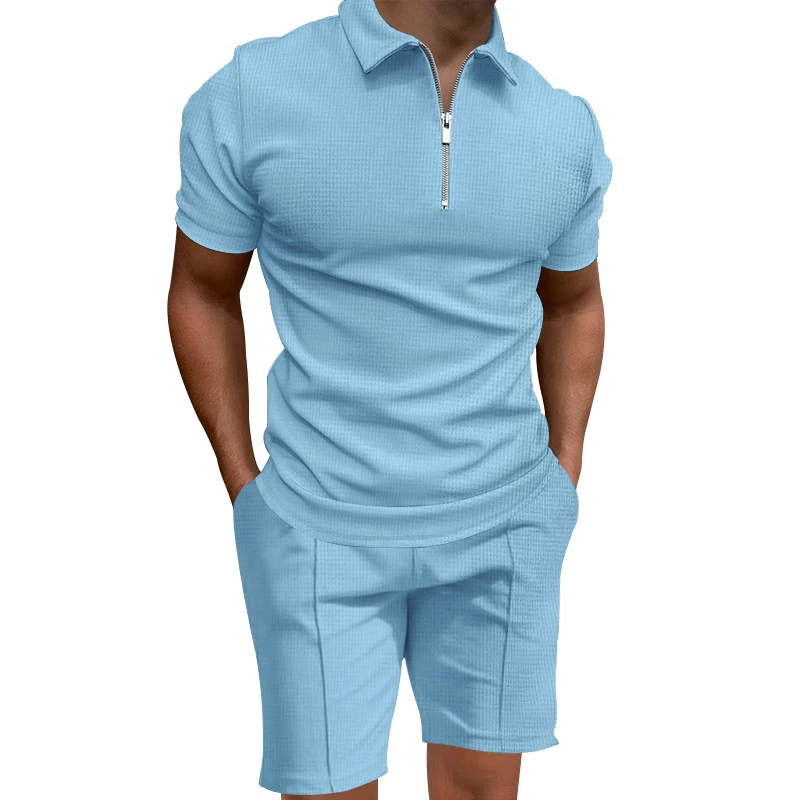 2024 estate nuovi uomini Polo Set tinta unita Waffle manica corta Slim Fit Polo collo t-Shirt Casual stile uomo