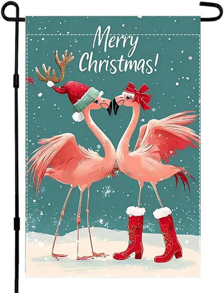 Merry Christmas Flamingo Garden Flag Double Sided Snow Background Style Outdoor Garden Yard Banner Decoration Size 12