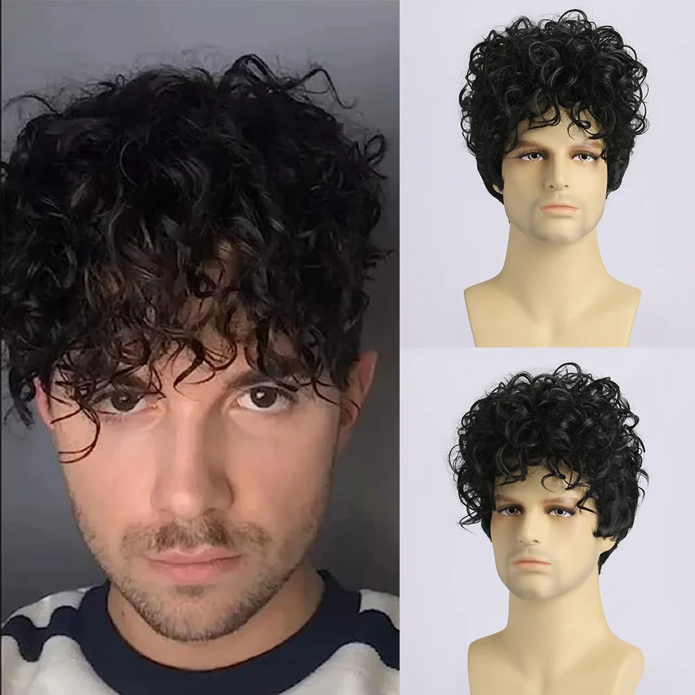 

Mens Short Curly Synthetic Wig Fashion Style Hairpiece for Daily Party Date Natural Look Cosplay Hairstyle
