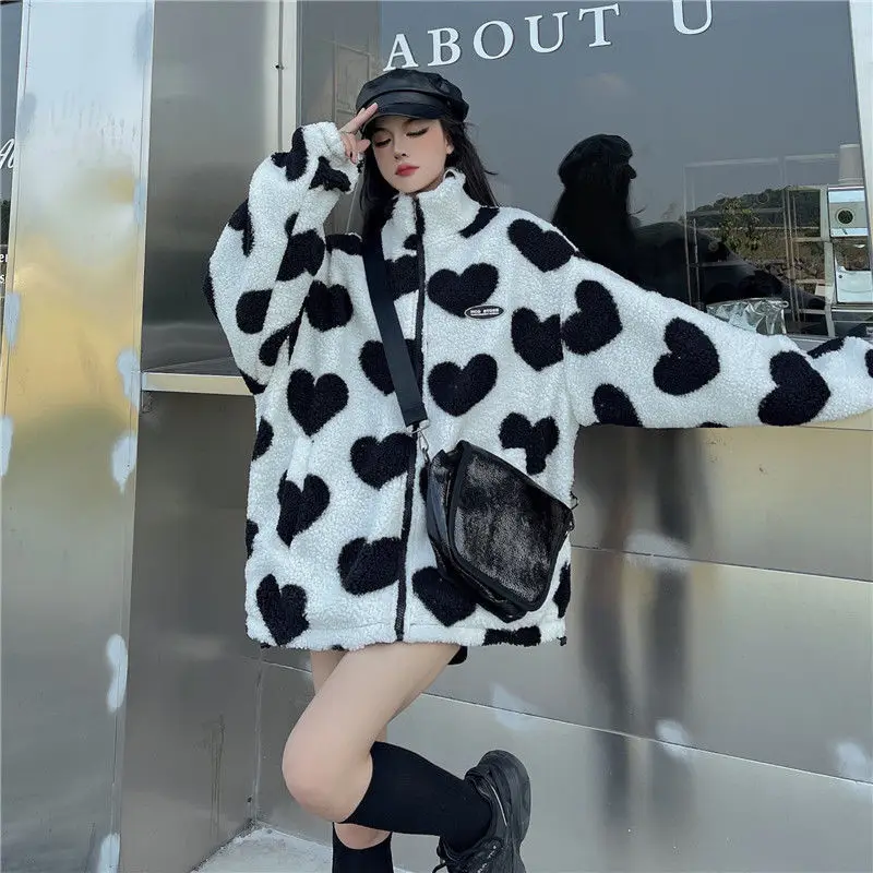 Women Double-sided Lamb Fur Plush Coat Couple Loose Heart Print Love Padded Jackets Casual Zipper Winter Stand up Collar Outwear