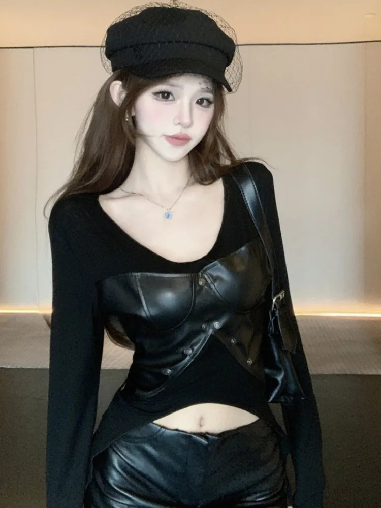 

American Style Long Sleeve V-Neck PU Leather T-Shirt Women's Slim Fit Unique Small Top for Autumn Fashion Casual Wear