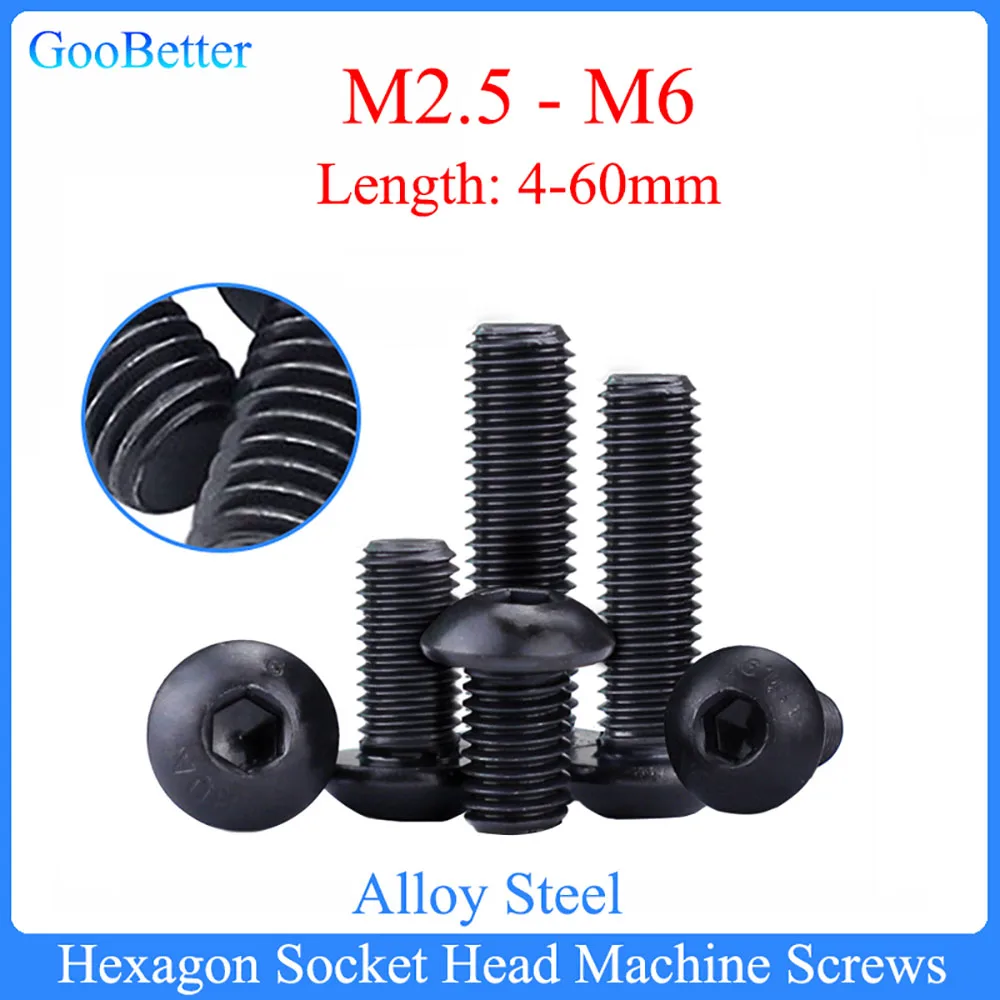 

10/20/50Pcs Machine Screws M2.5 M3 M4 M5 M6 ISO7380 Black Alloy Steel Hexagon Socket Round Button Head Screw Length=4-60mm