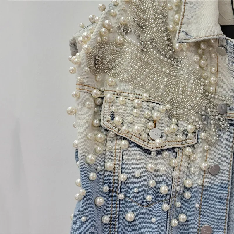 Wholesale of 2023 Spring Wear New Heavy Industry Diamond Studded Beads Loose and Slim Washed Denim Women's Vest