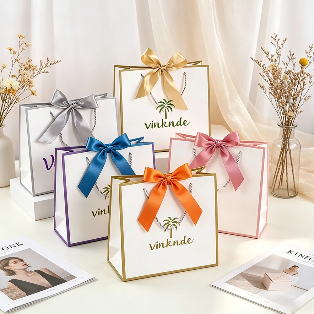 

50Pcs Customized Jewelry Paper Bowknot Handle Bag Wedding Favor Gift Shopping Handbag Party Candy Flowers Earrings Storage Box