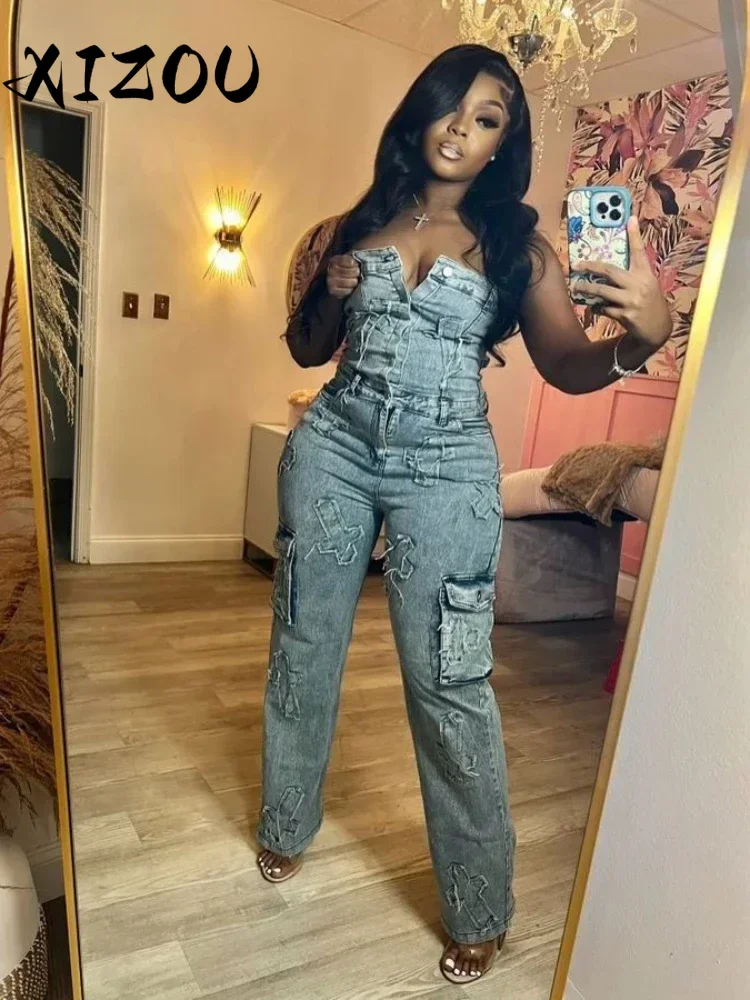 

XIZOU Women Strapless Embroidery Ripped Out Wide Leg Jeans Denim Jumpsuits 2024 Street Night Playsuit One Piece Suit Rompers