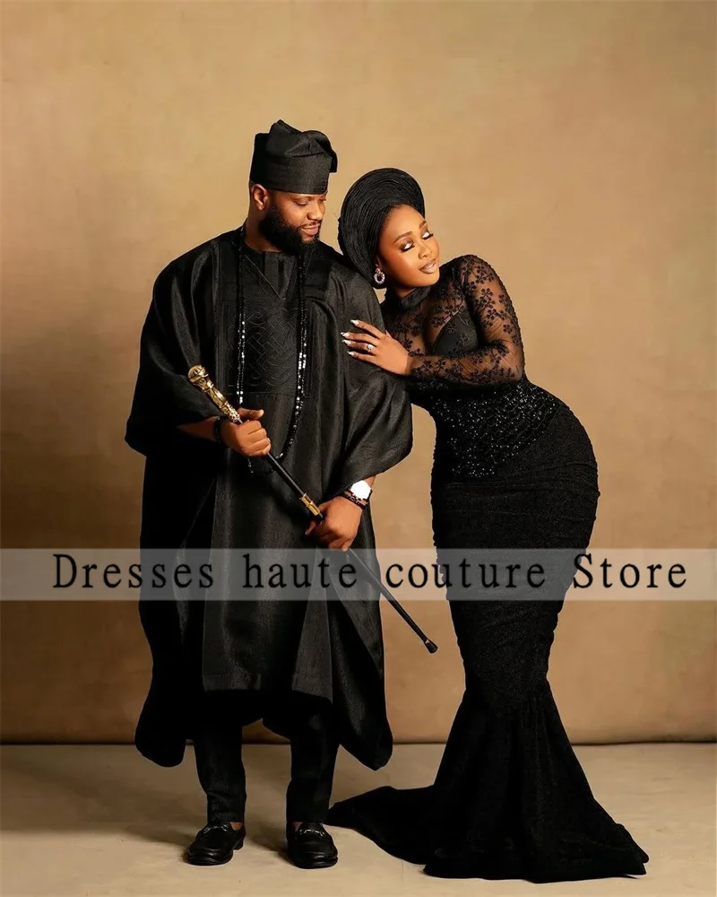 Aso Ebi-Robe de Soirée en Dentelle Noire pour Femme Africaine, Tenue Sirène à Manches sulf, Perlée, de Soirée, de Mariage, de Bal, Personnalisée, 2025