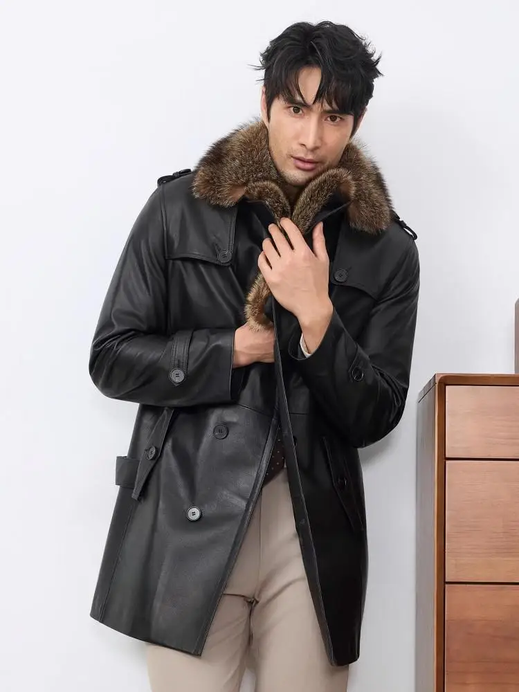 Winter Mens Raccoon Fur Collar Cowhide Genuine Leather Long Jacket Double Breasted Belted Slim Fit Business Work Coat Overcoat