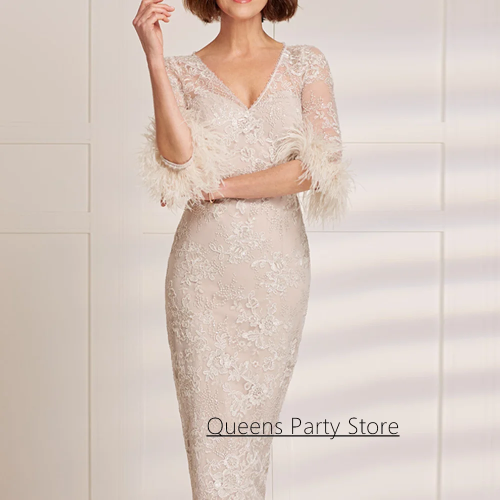 レースの花嫁の母ドレス 羽根飾り付き 半袖 カスタムメイド Vネック ティーレングス ウェディングゲストドレス パーティードレス