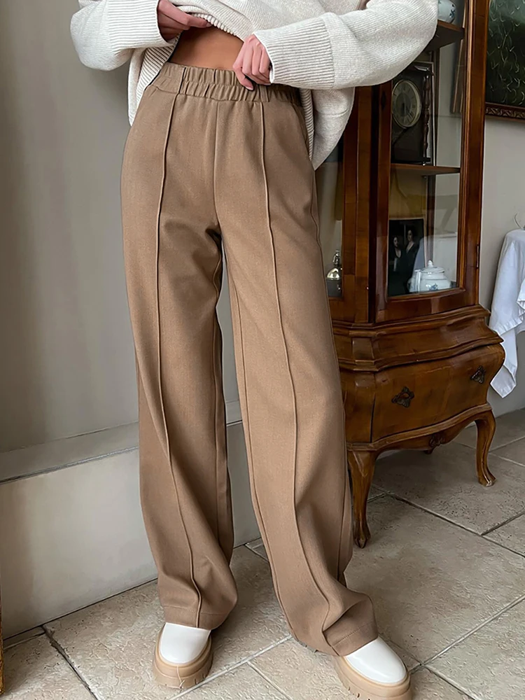 

Women Thermal Brown Beige Wool Long Pants Korean Fashion Women's Winter Pants Thick Warm Loose Classic Wide Leg Trousers