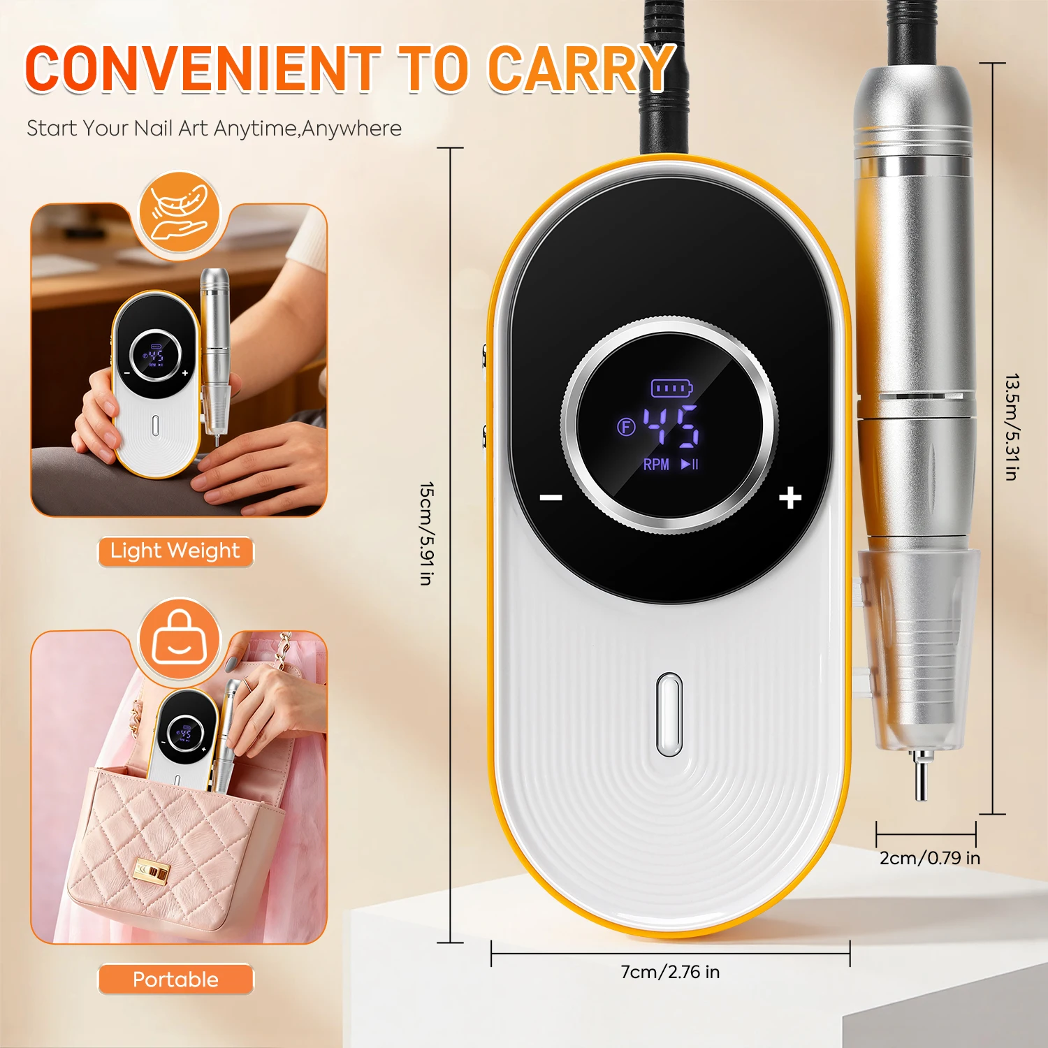 Taladro de uñas eléctrico recargable: 45000 RPM, batería de 8 horas, pantalla LCD HD: limado y eliminación de uñas profesionales de grado salón