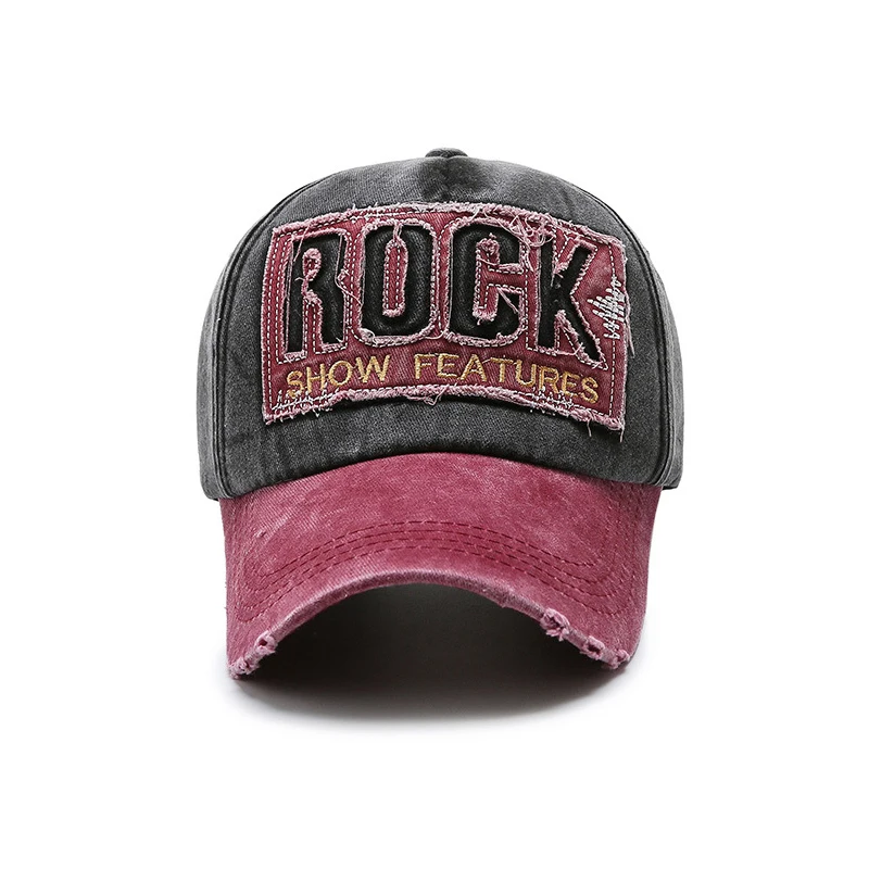 ROCK Letters Embroidered Patch Ripped Brushed Washed Distressed Design Style Unisex Cotton Adjustable Baseball Cap