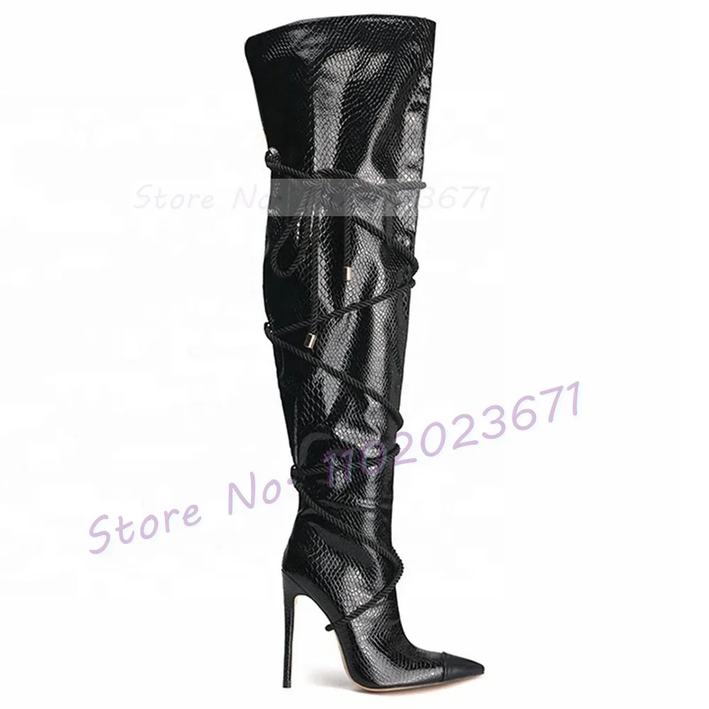 

Snake Print Lace-up Thigh Boots Women Wide Fit Pointy Toe Side Zippers Sexy Shoes Ladies Autumn Streetwear Punk Slouch Boots