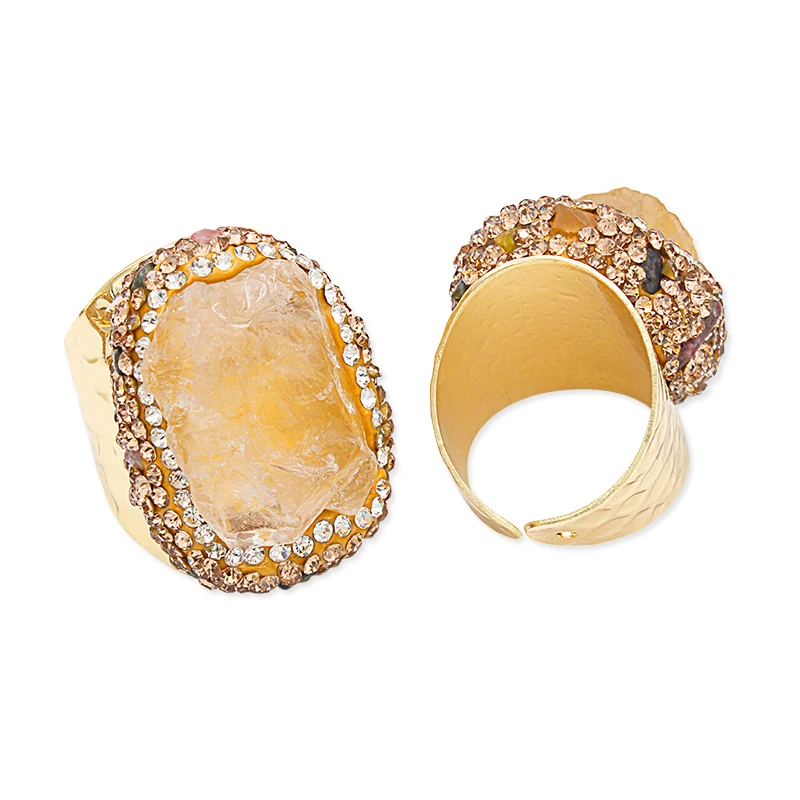 Micro Inlay Citrine Open Ring for Women Gold-color Handmade  Irregular Crystal Boho Finger Jewelry Resizable with Tourmaline