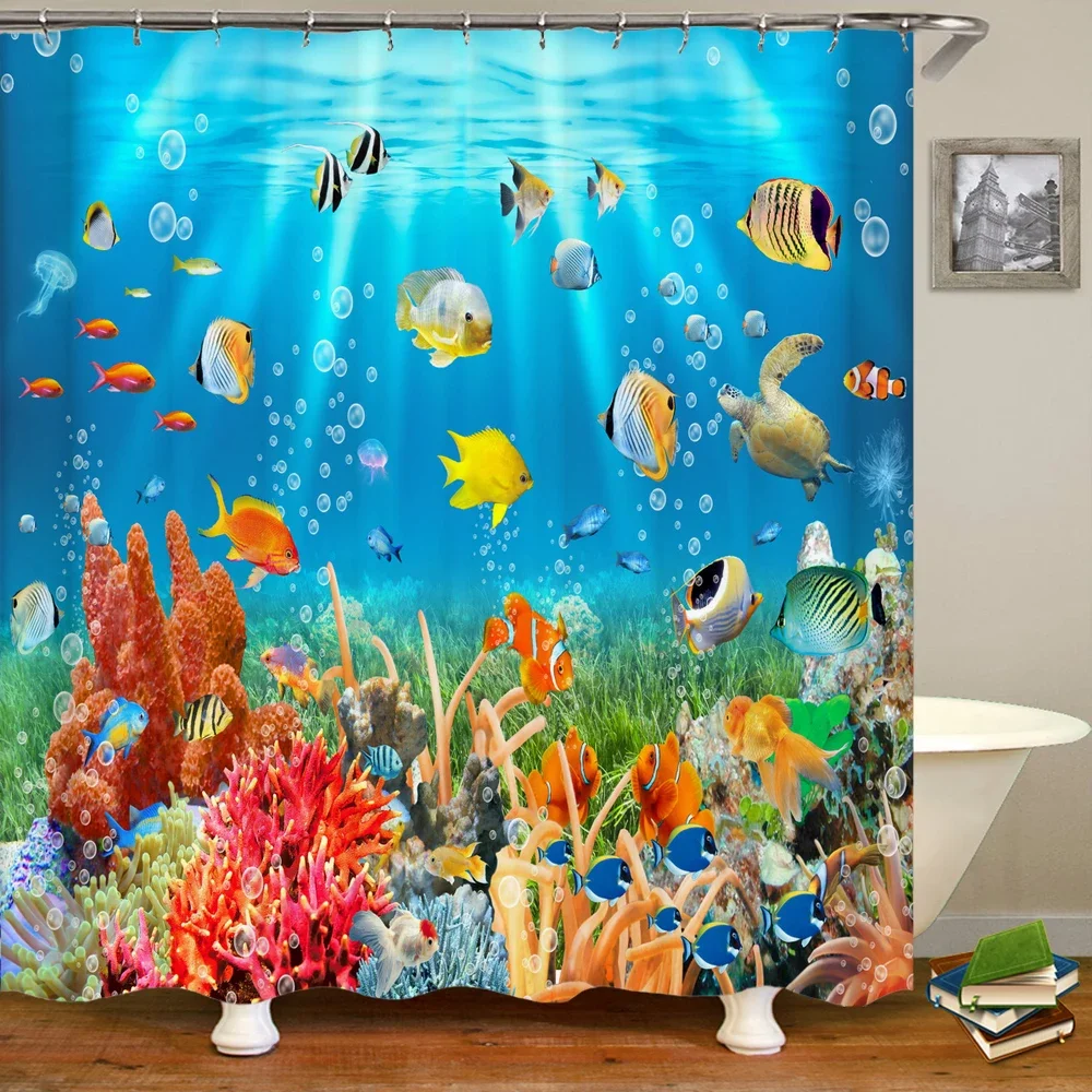 Underwater World Fish Turtle 3d Shower Curtains Ocean Dolphin Sea Scenery Fabric Waterproof Bath Curtain Bathroom Decor Screen