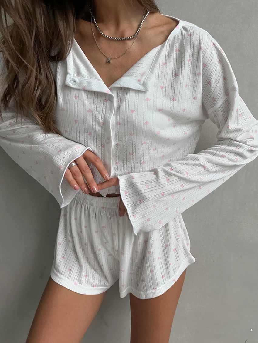 Marthaqiqi Printing Female Nightgowns 2 Piece Suit Long Sleeve Pajamas O-Neck Sleepwear Crop Top Nightwear Shorts Home Clothes