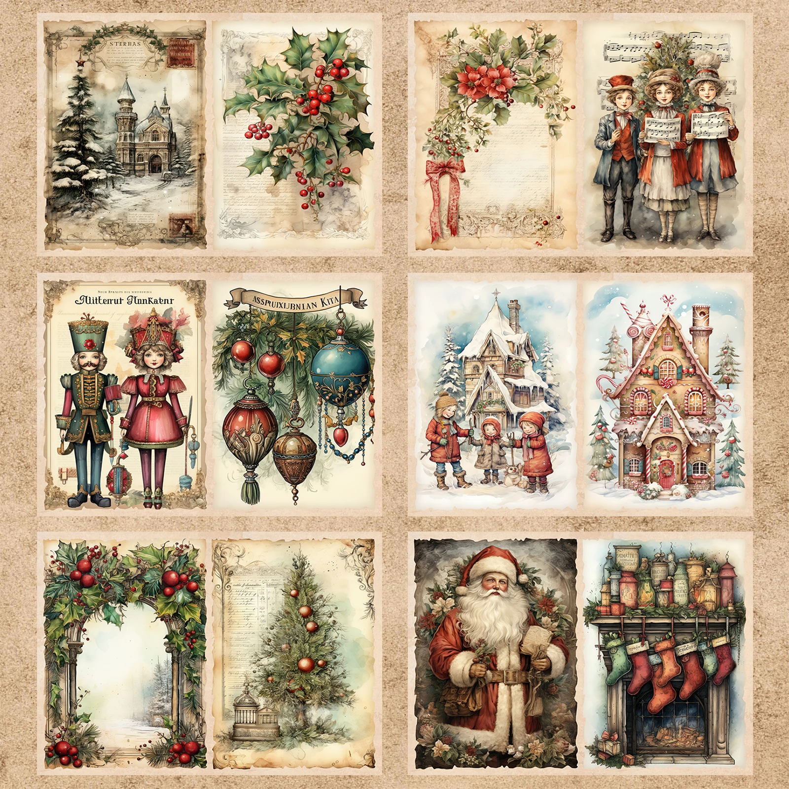 10 Sheets A5 Size Christmas Santa Fireplace Socks Background Vintage Grunge Journal Planning Scrapbooking