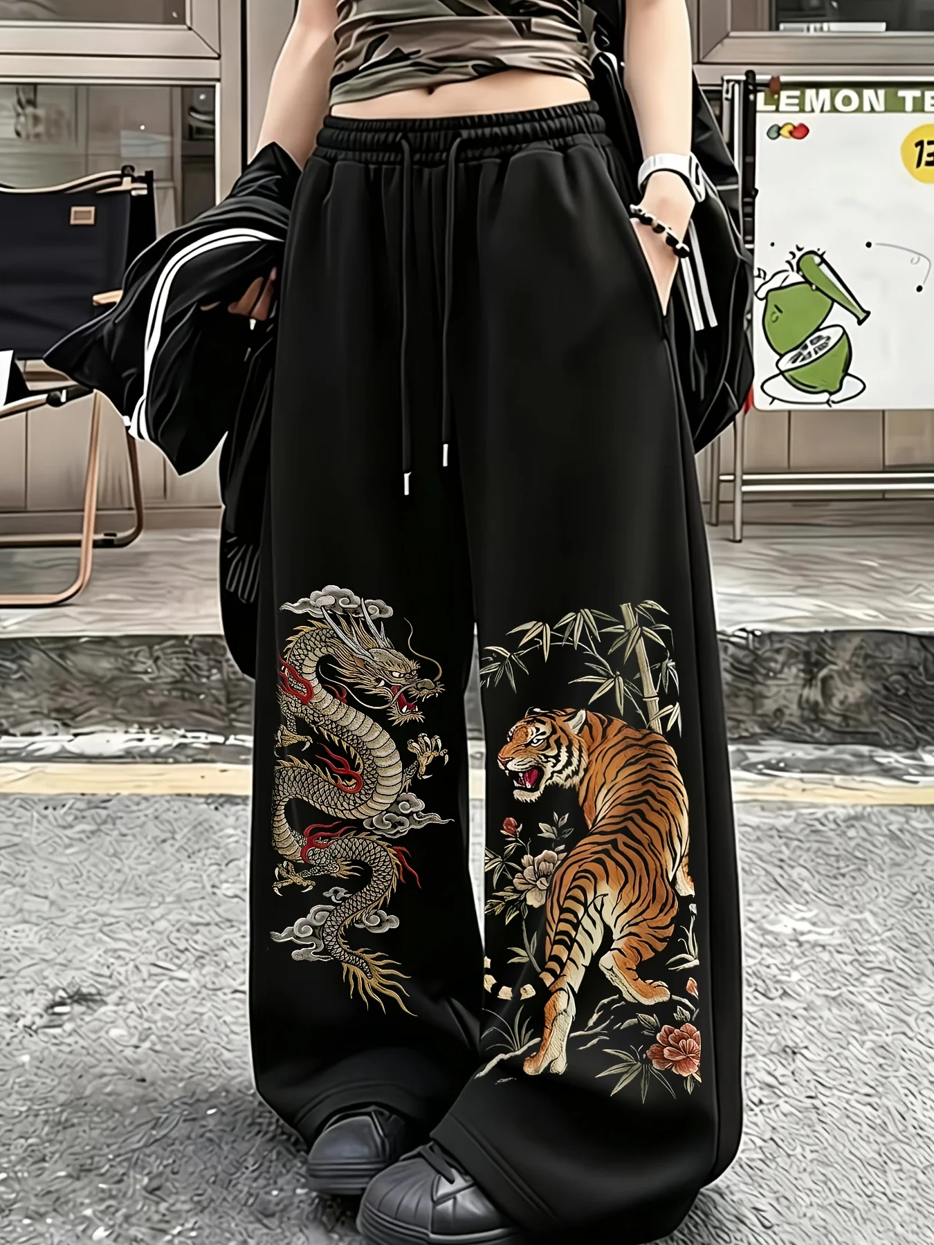 Y2K Hot Girl Pants Dragon Totem and Tiger Printed Wide Leg Guard Pants Subcultural Trendy Pants Women's  Straight Leg Pants