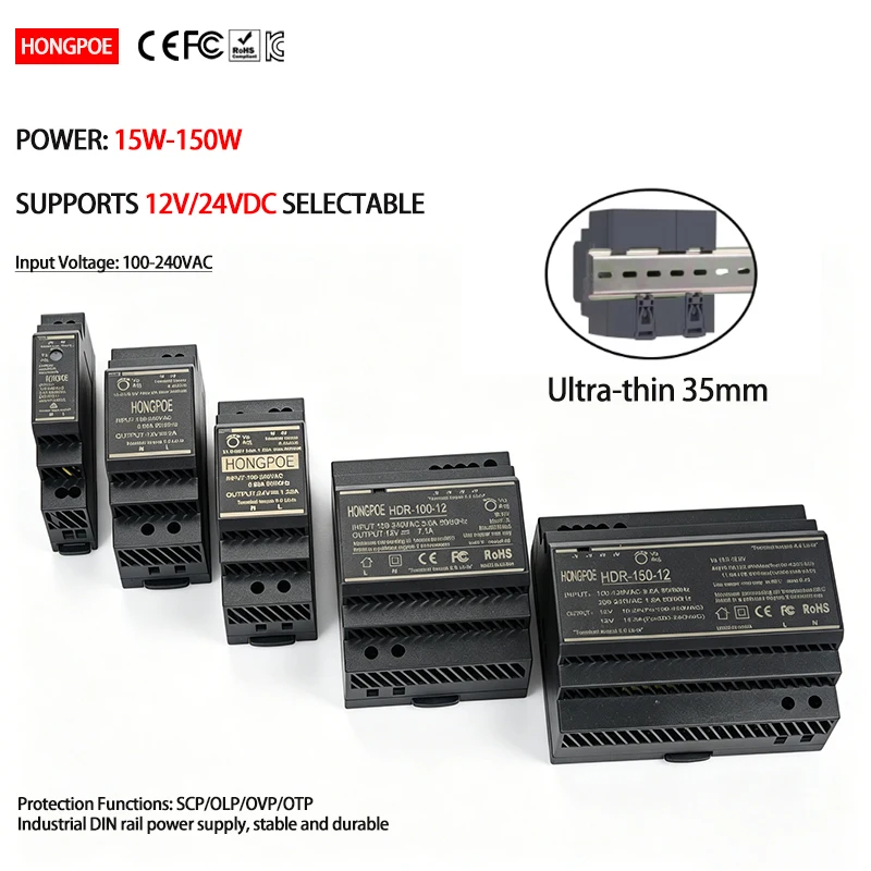 DIN rail ultra-thin HDR-15W 30W 60W 100W switching power supply 5V 15V 12V 24V transformer for LEDlights motor / industrial SMPS