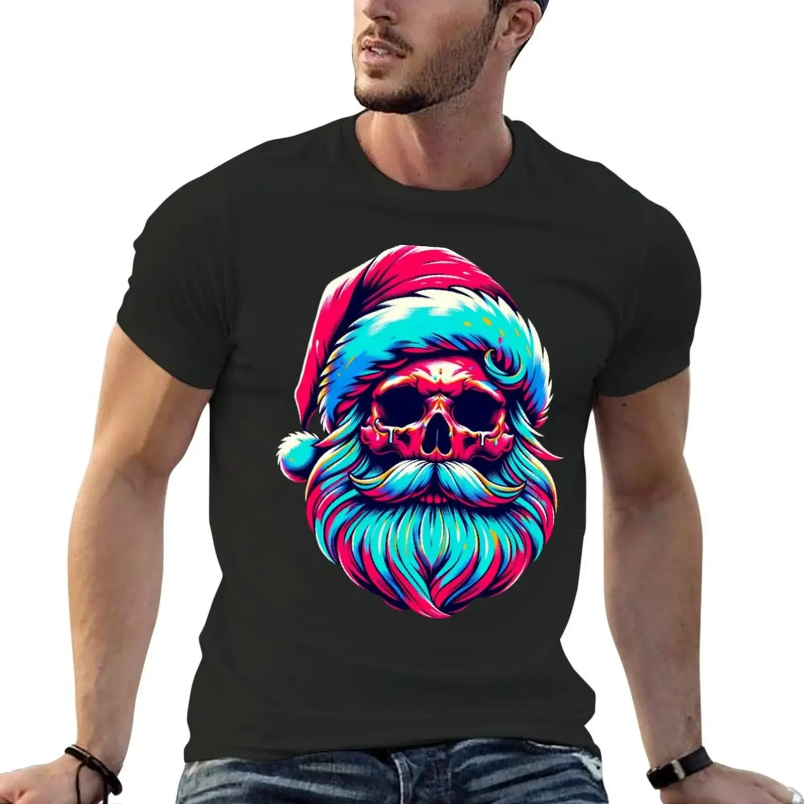 Camiseta con calavera de Papá Noel, camisas holgadas de gran tamaño, camisetas gráficas para hombre