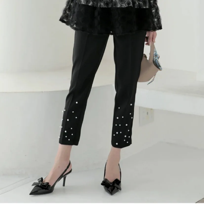 Japanse Sle Pearl Embellied Heavy Du elastische taille negen tenten harempakbroek dames slim fit casual broek