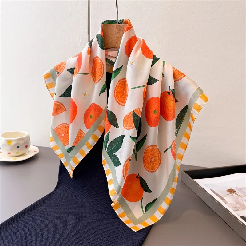 New Fashion Square Fruit Orange Juice Silk Scarf for Women Hijab Hair Bands 70cm Neckerchief Female Satin Shawl Bandana Headband